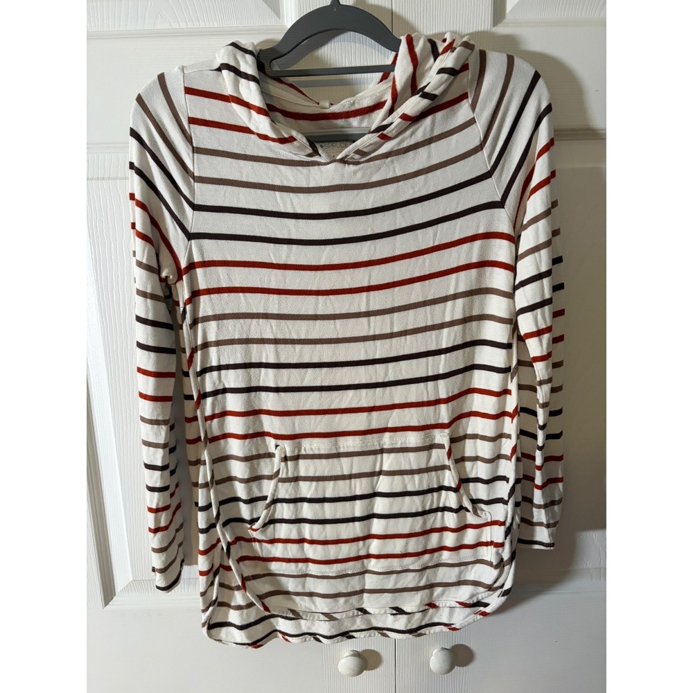 Market & Spruce Womens Striped Long Sleeve Hoodie Brown Orange White Size M